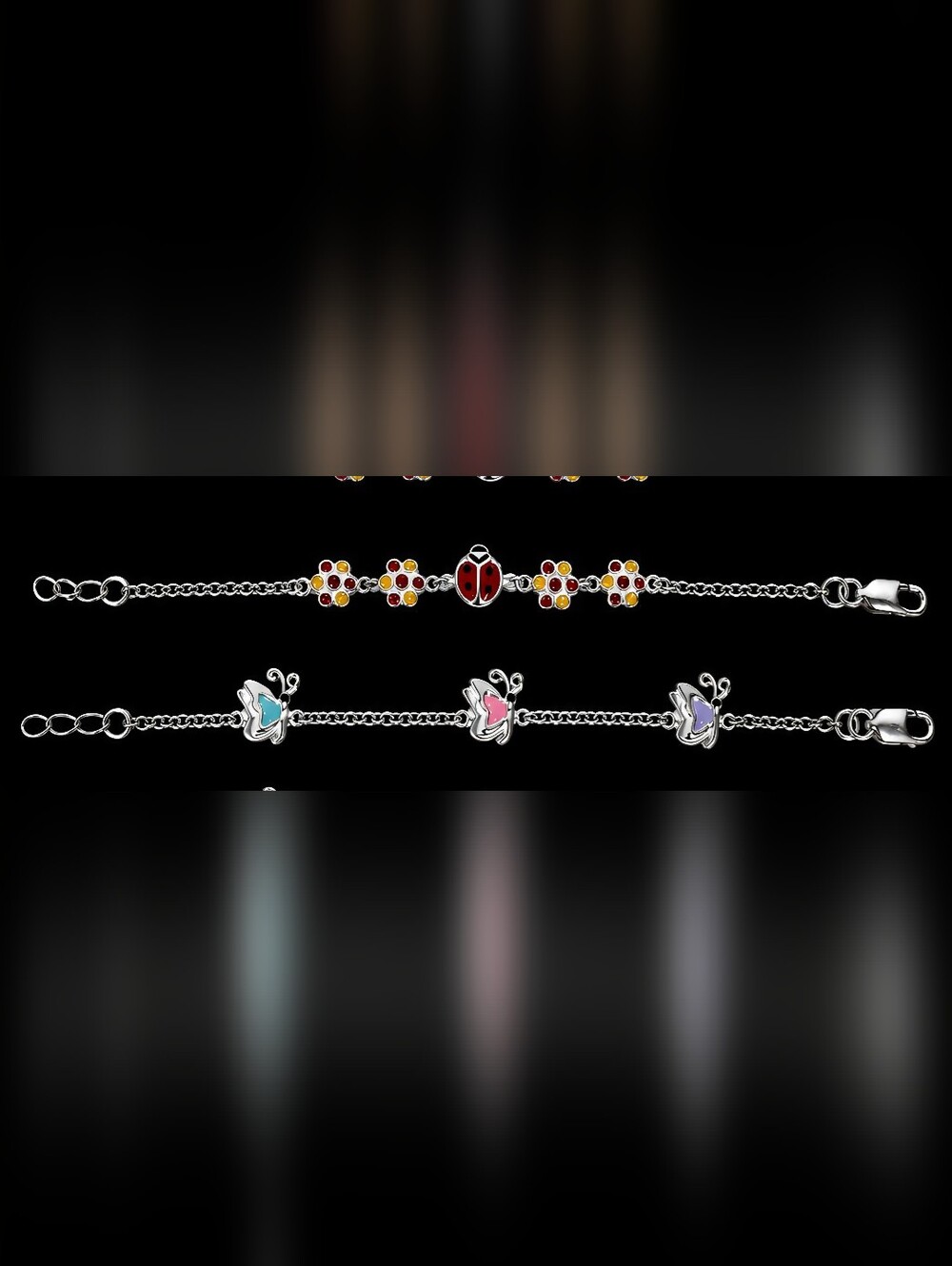 Each $ 75 Silver Baby  Ladybug  Butterfly Charm Bracelet Set - Red, Pink,Yellow